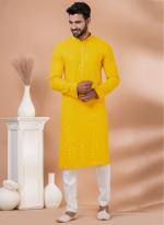 Viscose Rayon Yellow Traditional Wear Embroidery Work Kurta Pajama